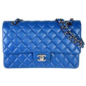 Authentic CHANEL Lambskin Quilted Medium Classic Double Flap Bag 25 Blue Purse